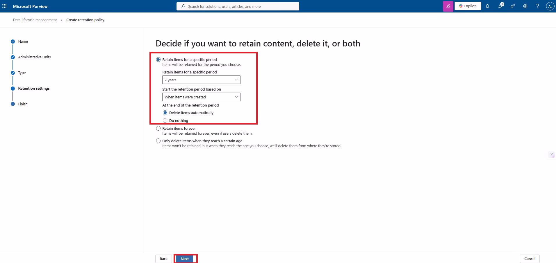 Retention Settings